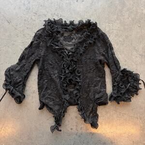 Vintage Y2k Black Lace Ruffle Flare Sleeve Tie Front Women's Blouse Top Small
